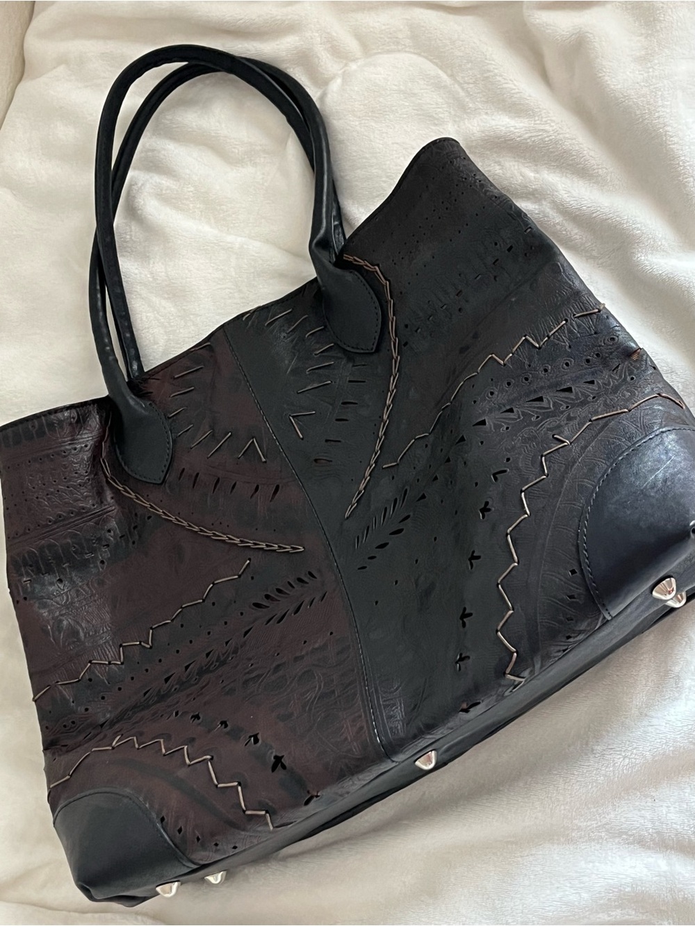 Handcrafted Two-Tone Black & Dark Brown Leather Tote Bag